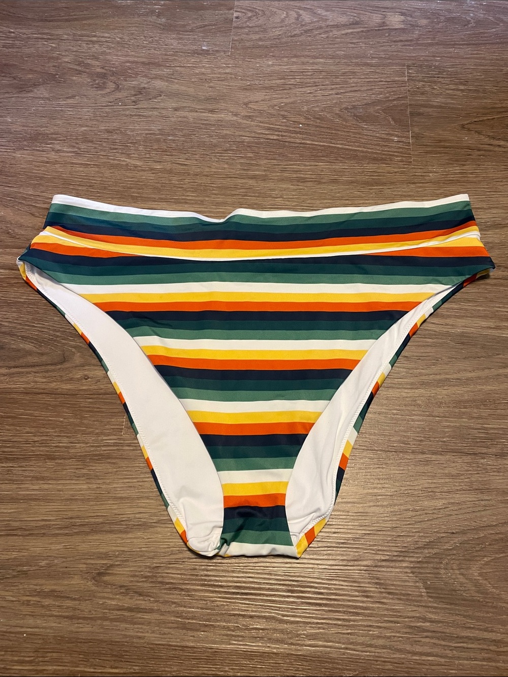 MeUndies Striped High-Waist Cheeky Bikini Bottom in Green, Orange & Yellow